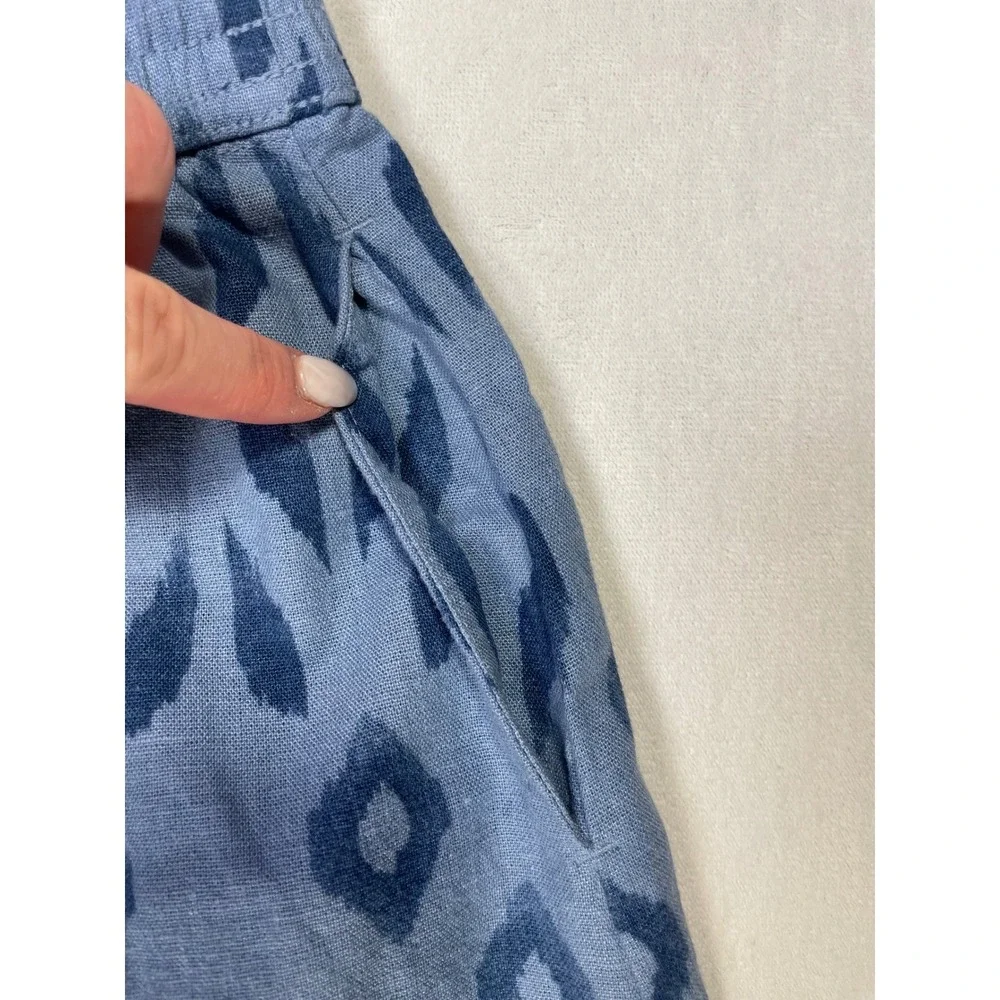 linen‎ blend blue ikat print midi skirt pockets L boho coastal cottage summer